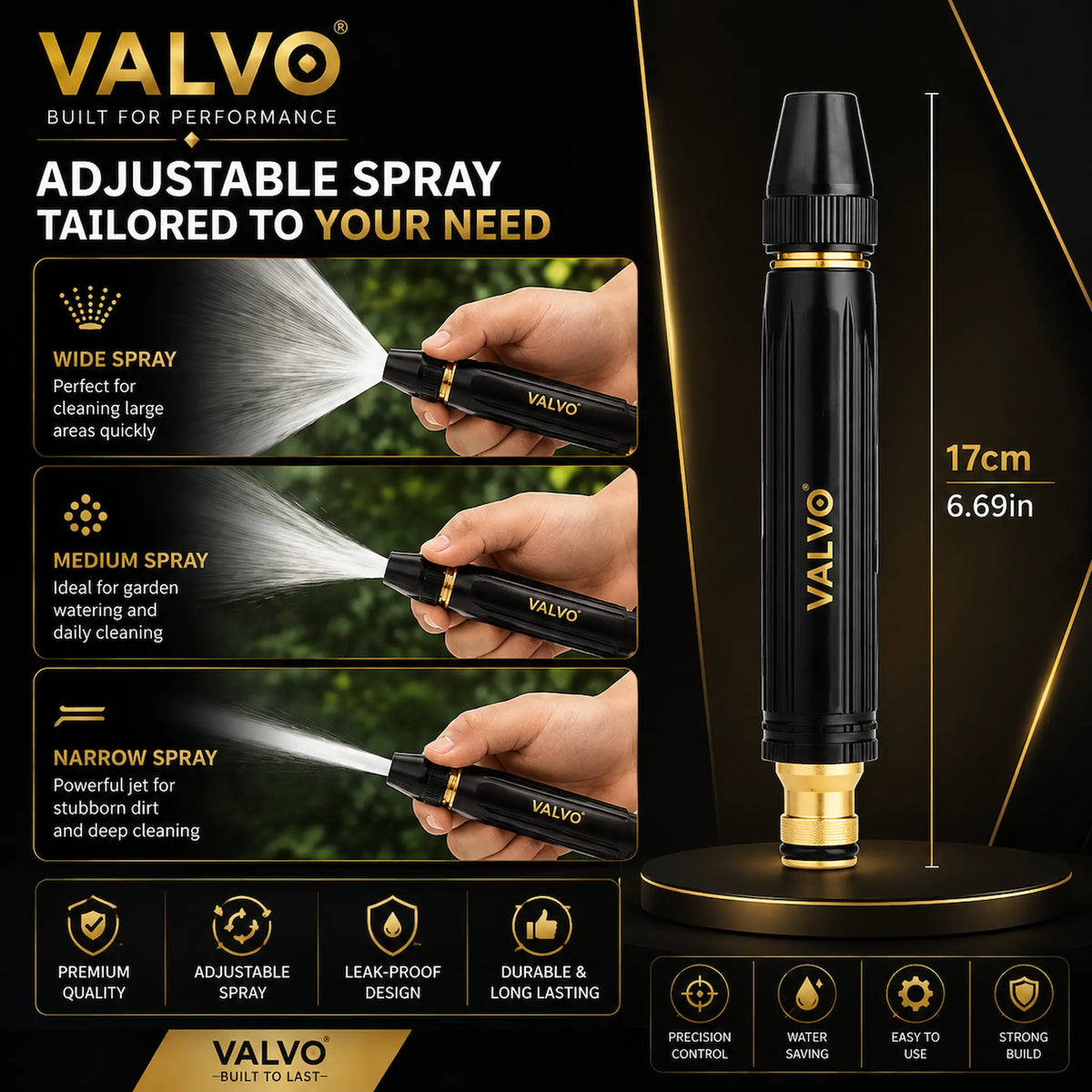 Black and gold VALVO adjustable garden spray nozzle shown on a dark promotional graphic with product details, usage examples, and feature icons. Human hands are visible holding the spray in three inset panels, so by the schema this is Lifestyle rather than Product/Packaging, even though the main layout is still product-focused.