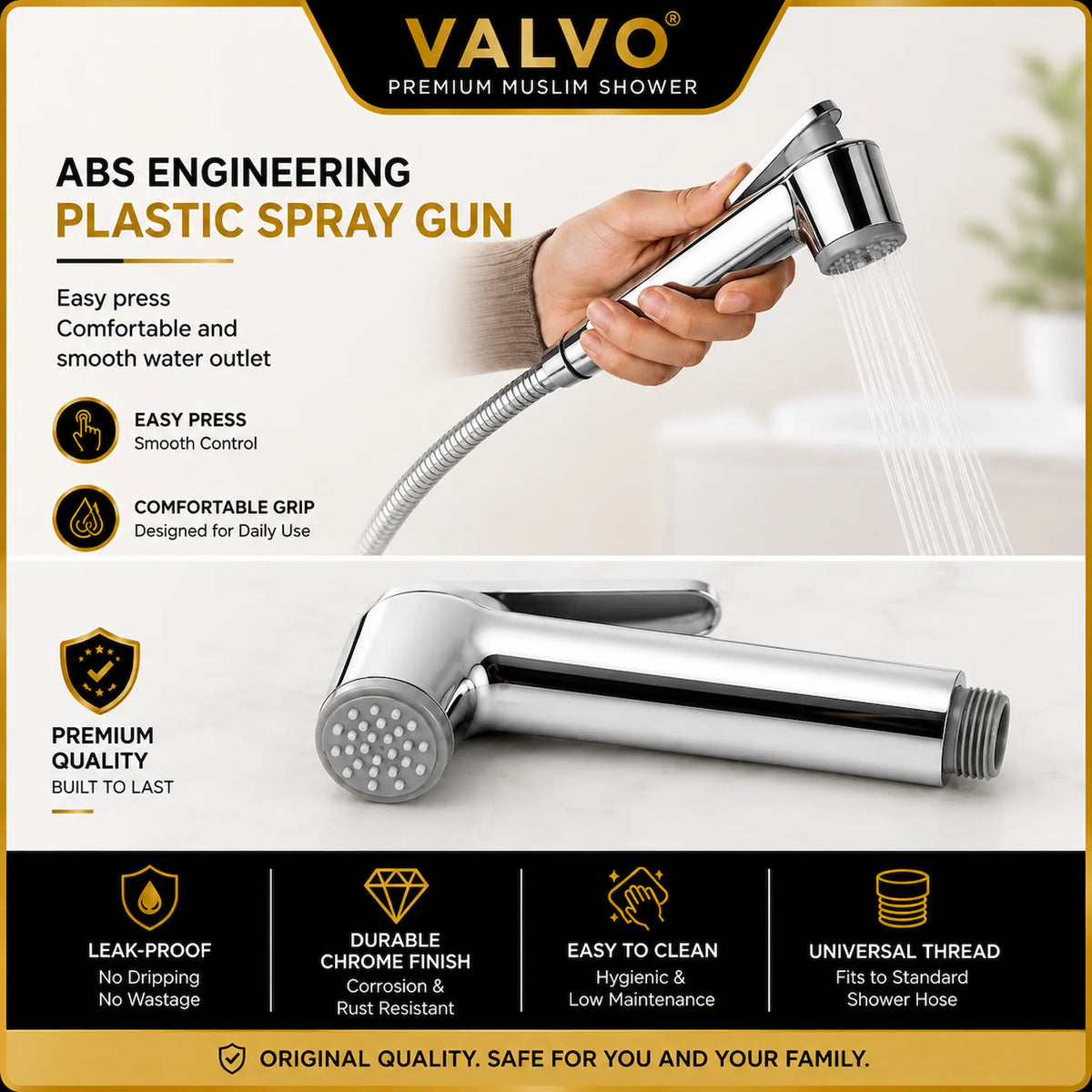 A promotional graphic for a VALVO premium muslim shower plastic spray gun. The top half shows a hand holding the chrome spray head with water running, while the bottom half shows the detached chrome spray gun with feature callouts like leak-proof, durable chrome finish, and easy to clean.