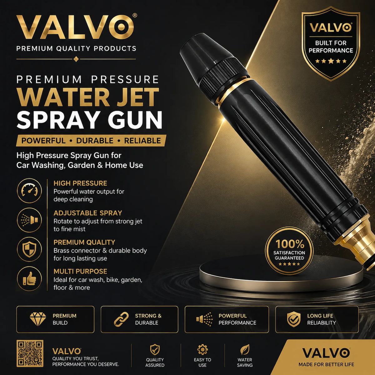 A promotional graphic for a VALVO premium pressure water jet spray gun, showing the black and gold spray gun resting on a metallic stand against a dark gold background with feature callouts and branding.
