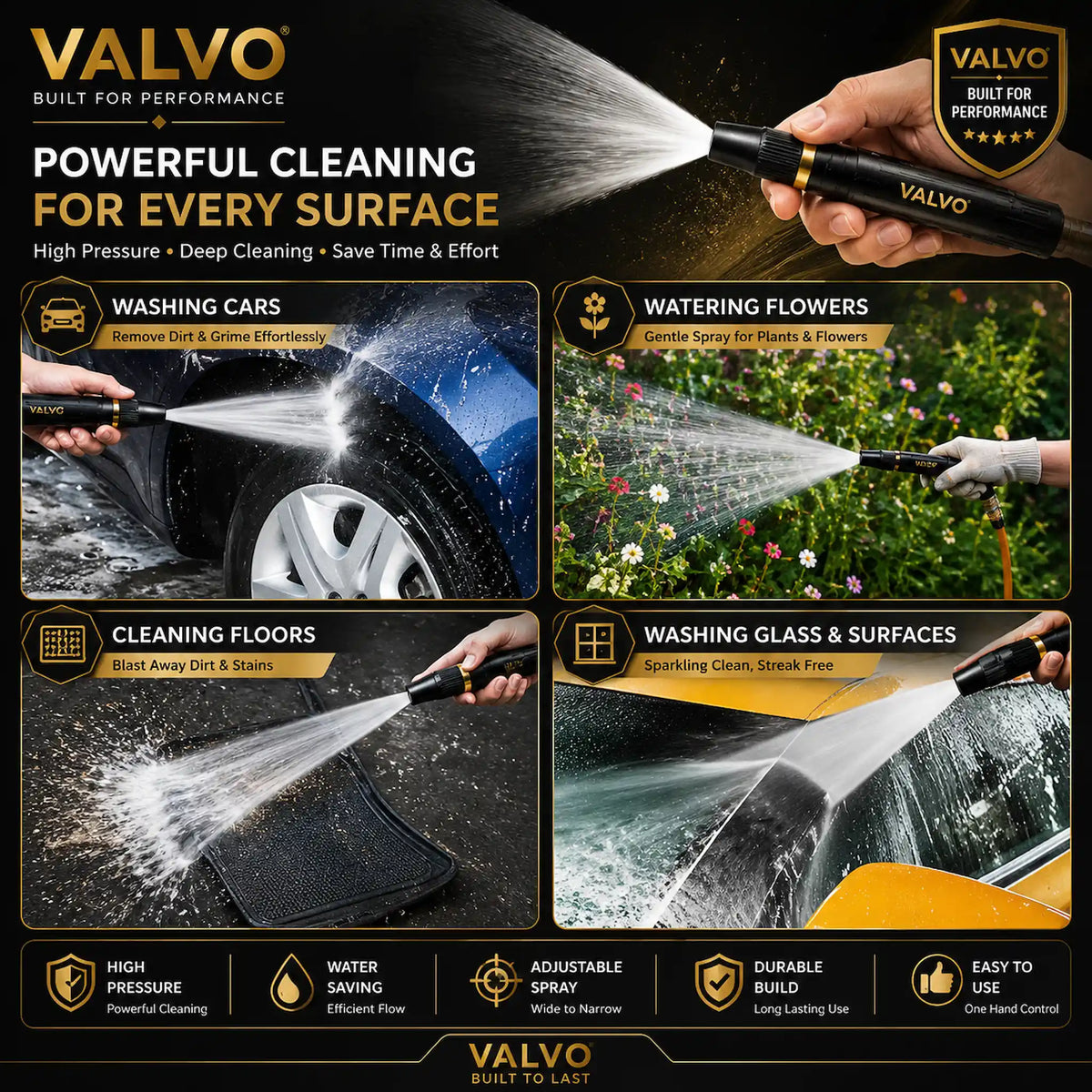 A promotional infographic for the VALVO Wand Multi-Function Car Washer, showing a hand holding the black and gold wand in four demonstration panels: washing a car, watering flowers, cleaning floors, and washing glass. The VALVO brand logo is prominently displayed in gold and white text at the top and on the wand itself.