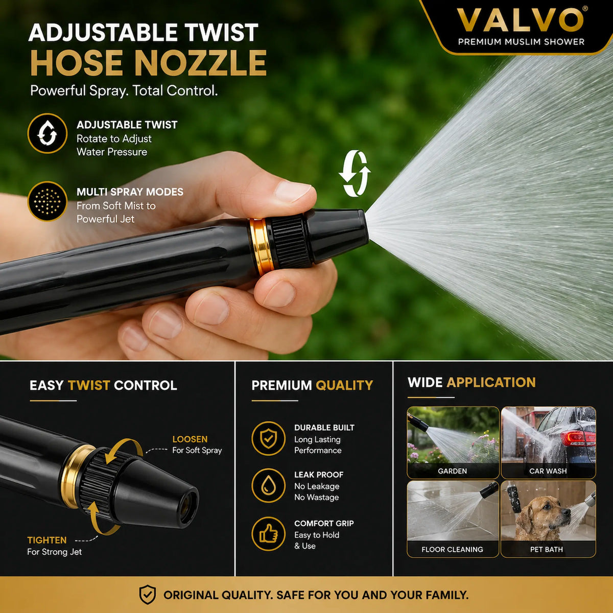 A promotional infographic for the VALVO Adjustable Twist Hose Nozzle, showing a hand holding the black and gold spray nozzle that projects a water jet. The graphic features feature callouts, product detail zooms, and three benefit panels for 'Easy Twist Control', 'Premium Quality', and 'Wide Application' on a dark background.