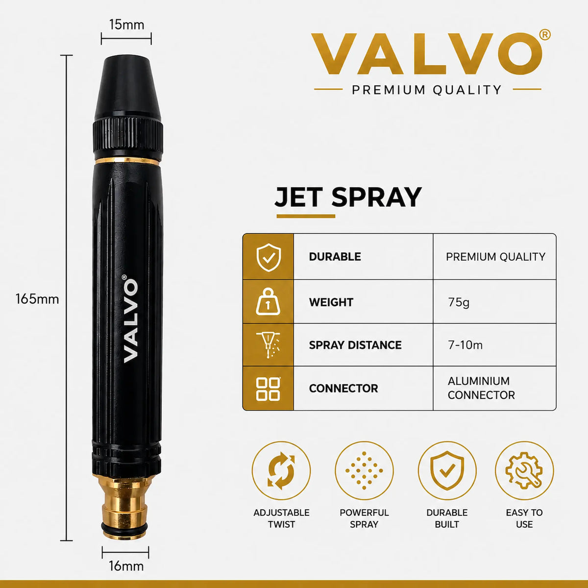 A black VALVO jet spray nozzle with gold accents, shown with dimension markings (16mm and 15mm) and a feature summary table on a light gray background.