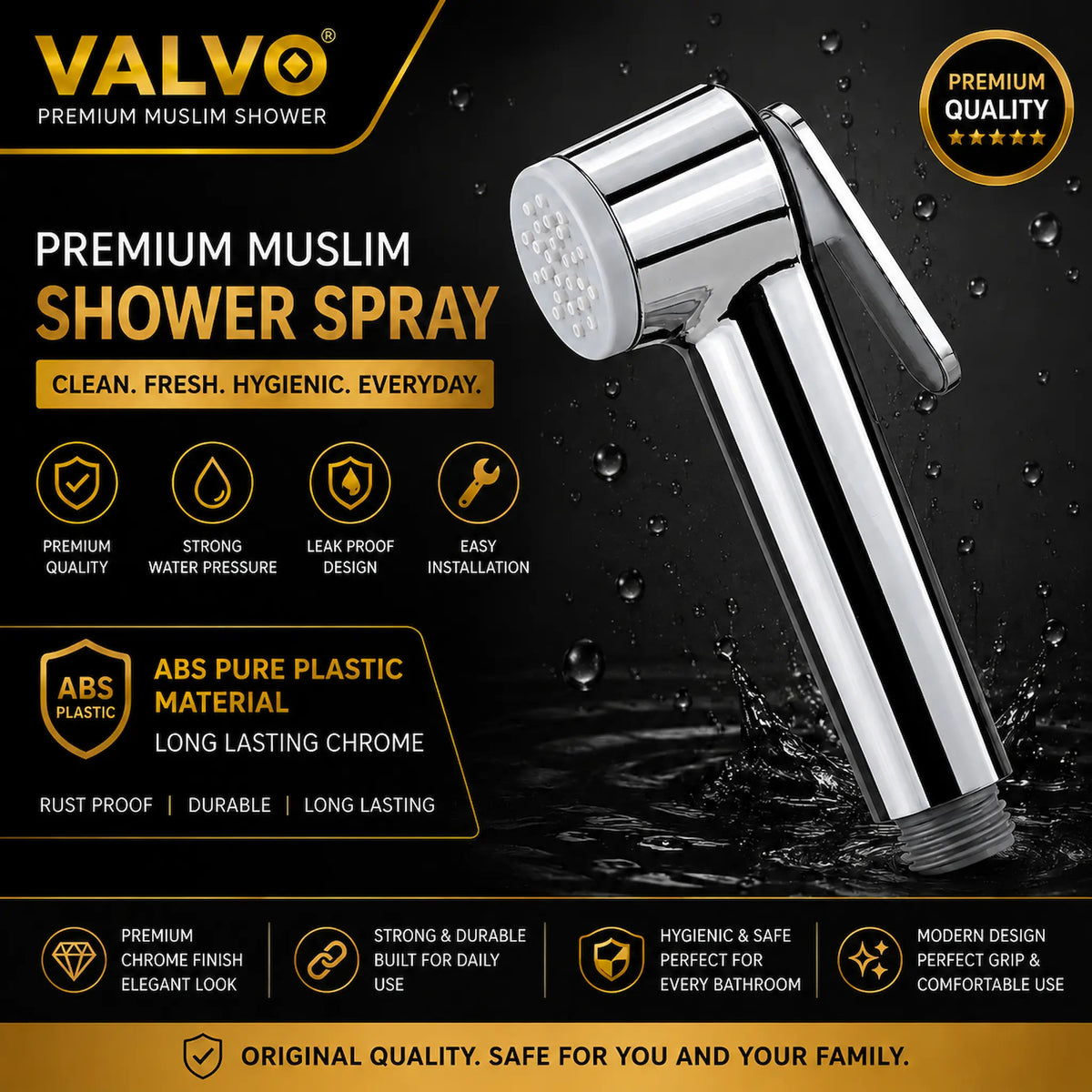 A chrome handheld shower spray head shown on a dark promotional background with water droplets, along with VALVO branding, quality badges, and feature icons for premium muslim shower spray.