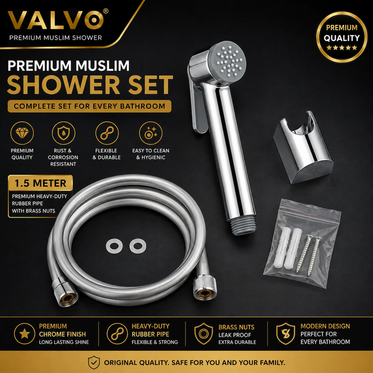 A Valvo premium muslim shower set displayed on a dark background, including a chrome handheld shower head, flexible rubber hose, wall bracket, mounting hardware, and a small bag of screws. The image features promotional text and badges highlighting the product's features and quality.