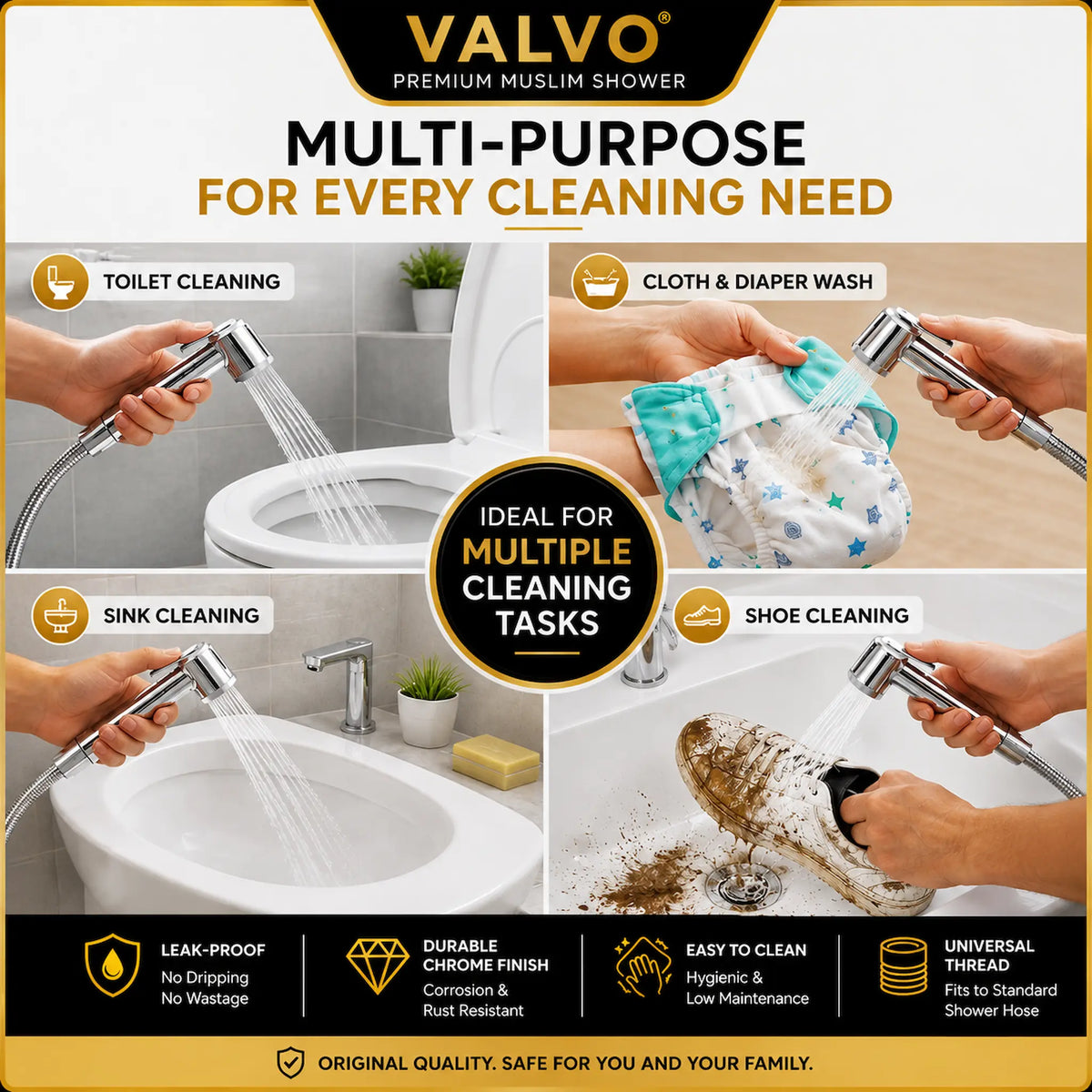 Promotional infographic for the VALMU Premium Muslim Shower, showing a multi-functional chrome shower head used for toilet cleaning, cloth and diaper wash, sink cleaning, and shoe cleaning. The graphic features four demonstration panels, a central black badge, and a black and gold header and footer with product features and benefits.