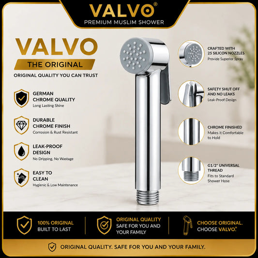 A promotional graphic for the VALVO Premium Muslim Shower, showing a chrome handheld sprayer with a round head, surrounded by feature callouts and text on a dark gold and white background.