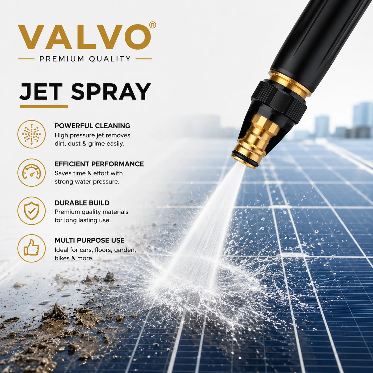A black and gold VALVO Jet Spray hose nozzle spraying water onto a blue solar panel surface, with product features listed on the left side. The brand name 'VALVO' is clearly visible at the top left.